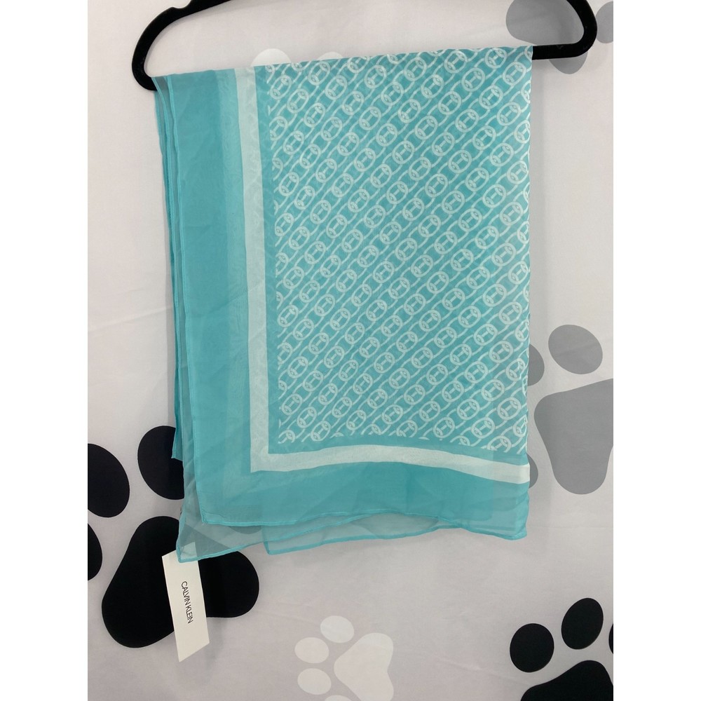 Calvin Klein NWT Chain Print Chiffon Oblong Scarf Border Aquatic Blue OS New